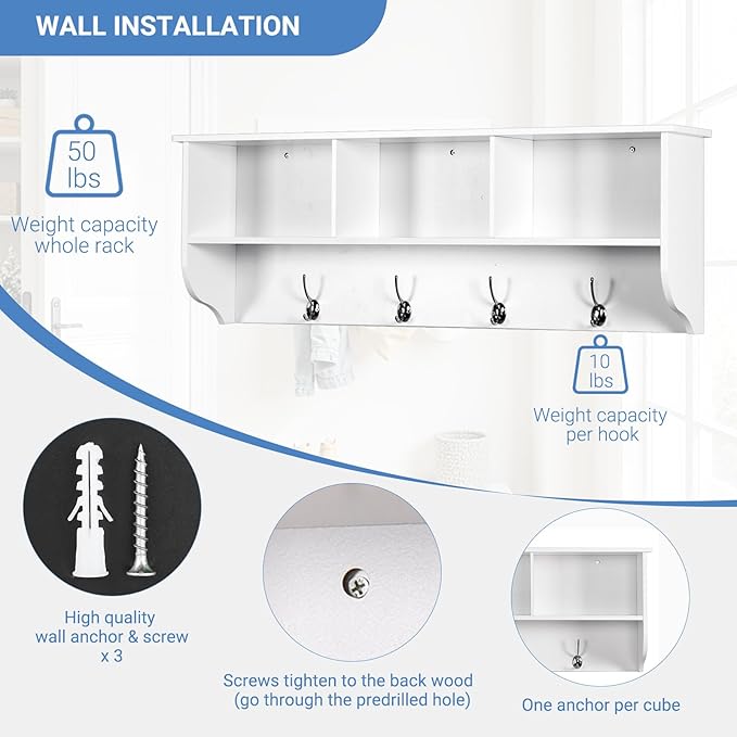 38.6" Contemporary Wall Mounted Coat Rack with Shelf, Entryway Hanging Coat Rack with 3 Shelves, Wall Shelf with 4 Dual Hooks for Hallway, Living Room, Bedroom (White)