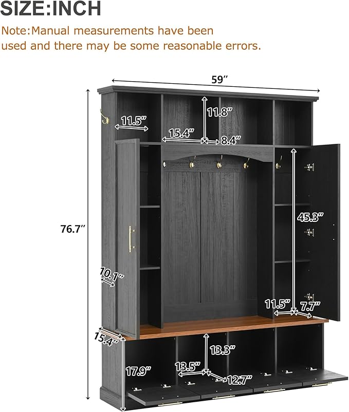 Versatile Hall Tree with Golden Hooks and 2 Doors, 5-in-1 Wood Coat Rack Entryway Shoe Cabinet with Bench& Adjustable Shelves, Functional 59'' Wide Hall Tree for Entrance Hallway (Black-8.2)
