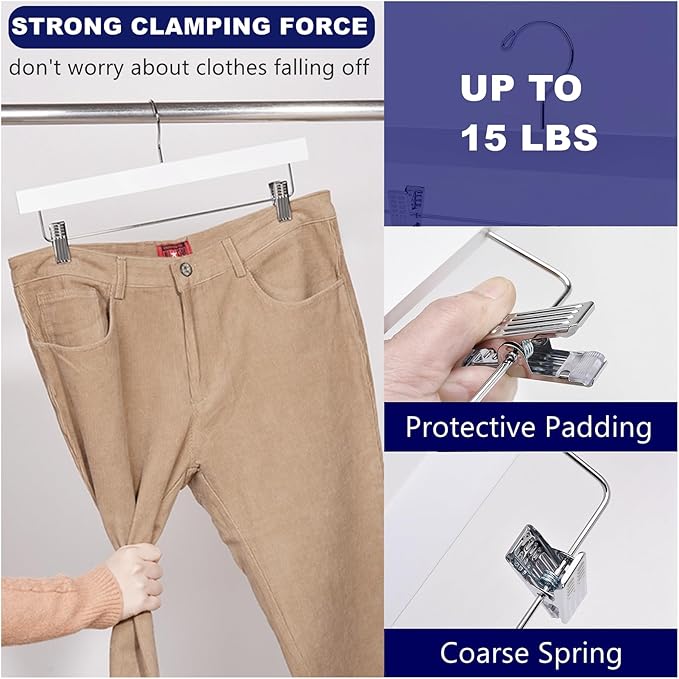 Amber Home 24 Pack White Wooden Pants Hangers with 2-Adjustable Clips for Jeans, Slacks, Shorts