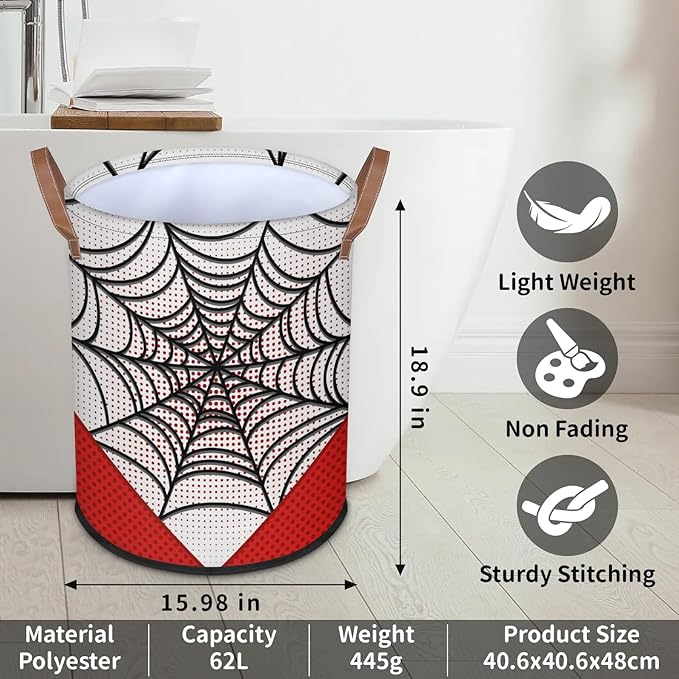 Large Laundry Hamper Basket White Spider Web Round Collapsible Storage Organizer Bin for Kids Room, Boys, Nursery, Closet, Bedroom, Playroom, Toys, Dirty Clothes, 16"W x 20"H