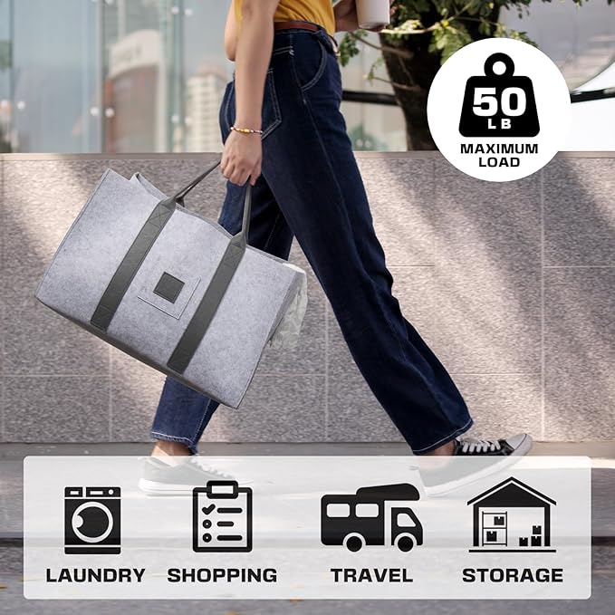 Large Laundry Tote 55L, 2 Pack Fabric Laundry Baskets with Handles, Woolen Clothes Hampers for Dorm, Laundry, Grocery, Traveling, Camping, Shopping, Versatile Storage Solutions (Light Grey)