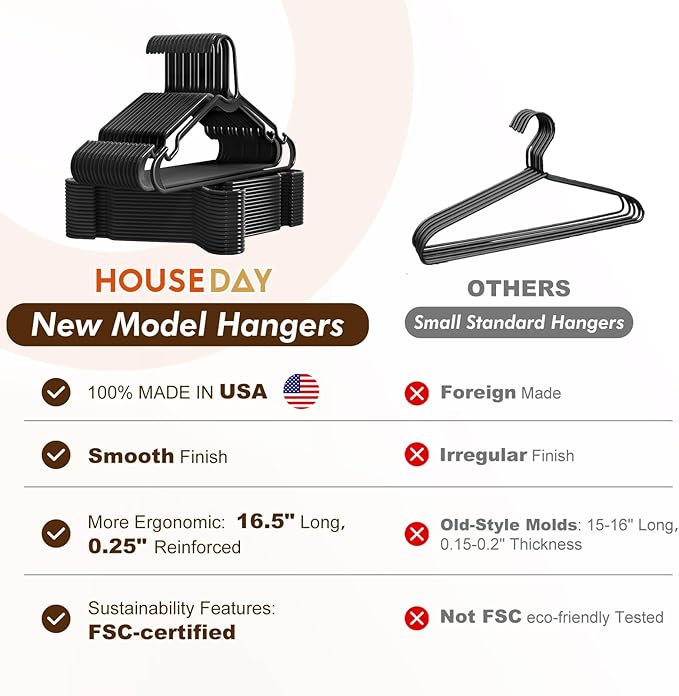 HOUSE DAY Black Plastic Hangers 50 Pack - Made in USA - Lightweight & Slim Space Saving Clothes Hanger with Shoulder Grooves for Dresses, Lingerie, Shirts, Pants, Durable Closet Organizers and Storage
