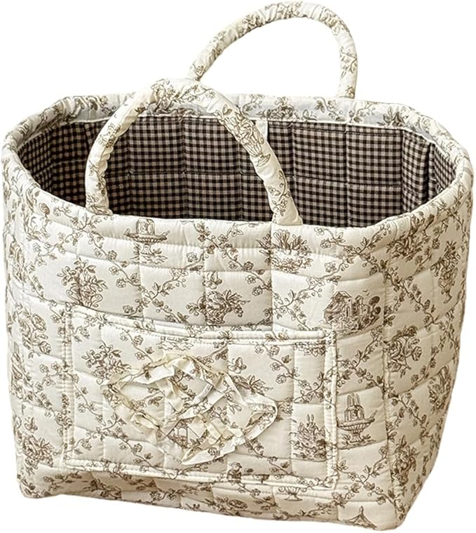 Quilted Laundry Basket Floral Storage Basket Cute Fabric Laundry Baskets Large Boho Foldable Nursery Hamper (Floral08)