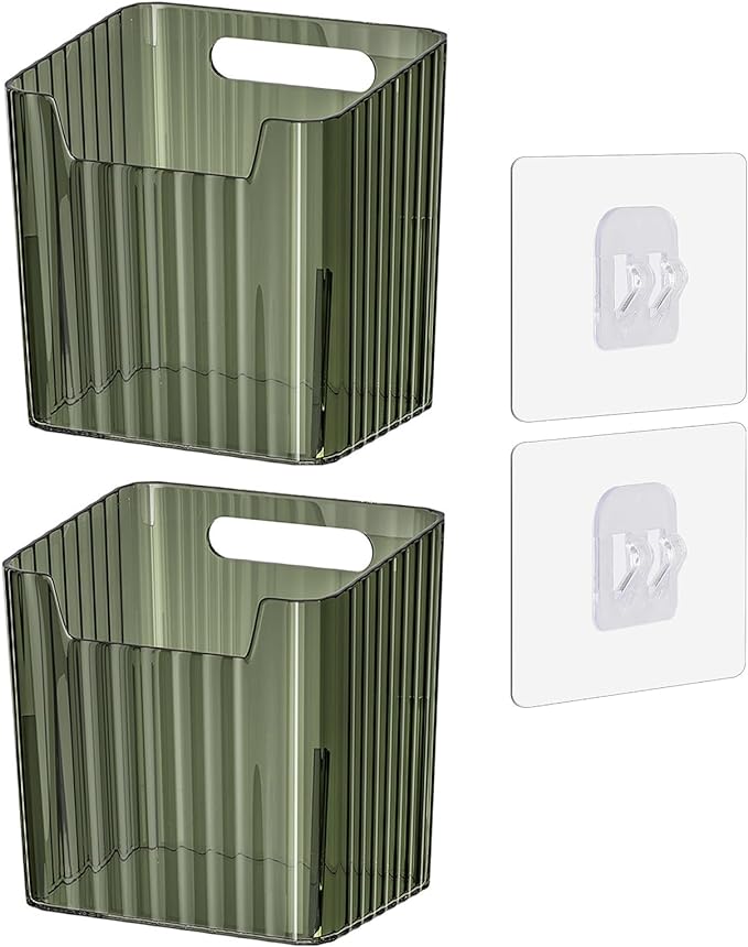 Set of 2 Storage Organizer Bins Wall Mounted Floating Shelves Fridge Organizer Stackable Clear Plastic Storage Bins for Wall, Refrigerator, Kitchen, Bathroom, Countertops, Pantry, BPA Free (Green)
