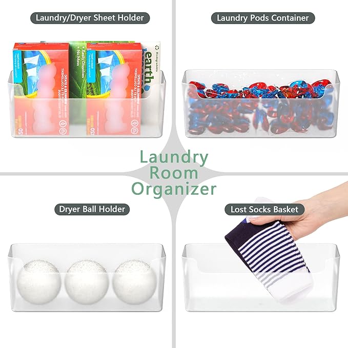 Laundry Room Organization 2 Pcs, Adhesive Laundry Pods Container, Laundry/Dryer Sheet Holder, Dryer Ball Holder, Lost Socks Basket for Laundry Room Cabinet, Washer/Dryer (Transparent)