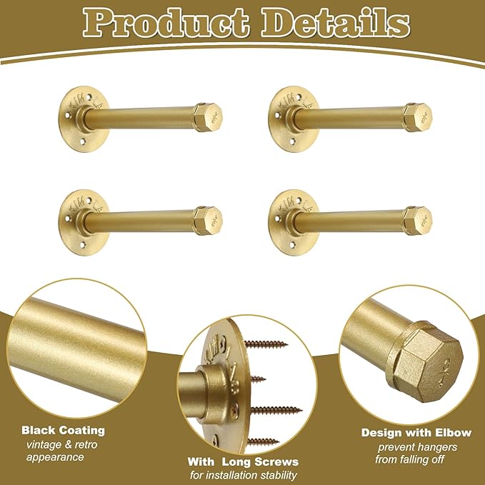 BTSKY 4 Pack Clothes Rack with Screws, 8 Inch Metal Industrial Pipe Clothes Bar for Hanging Clothes, Heavy Duty Wall Mounted Clothing Hanging Rod Shelving Brackets for Laundry Room Retail Store, Gold