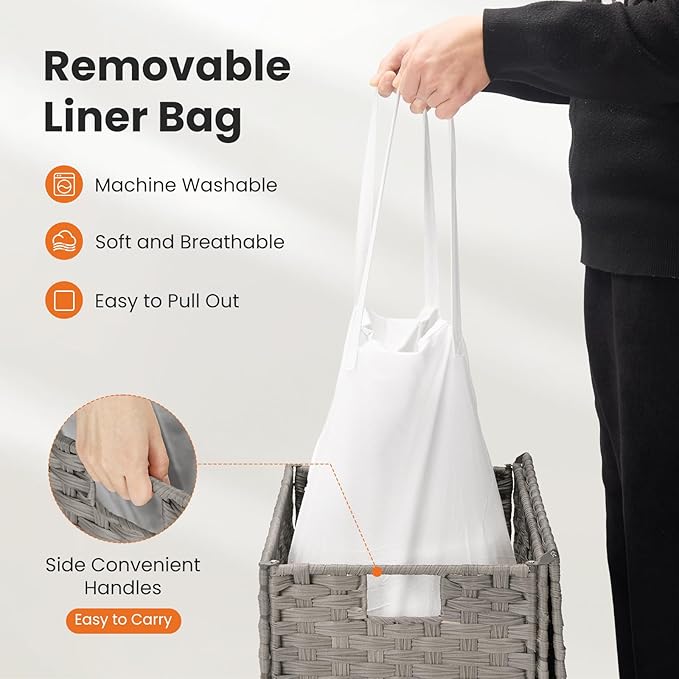 90L Laundry Hamper with Lid, Hand-Woven Pp Rattan Laundry Basket with Compartments & Handles, Removable Liner Bags,Foldable, Narrow Dirty Clothes Basket, Grey