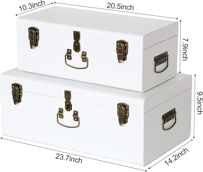 Vixdonos Decorative Metal Box Storage Trunks Set of 2 College Dorm Chest with Handle (White with Bronze Latches)