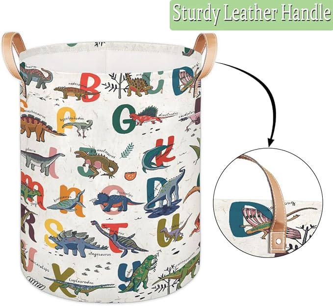 Alphabet Dinosaur Large Laundry Basket - Cartoon Animal Kids Laundry Hamper with Handles - Collapsible Dirty Clothes Organizer Boys Toy Storage Bin Nursery Hamper for Bedroom Bathroom Decor