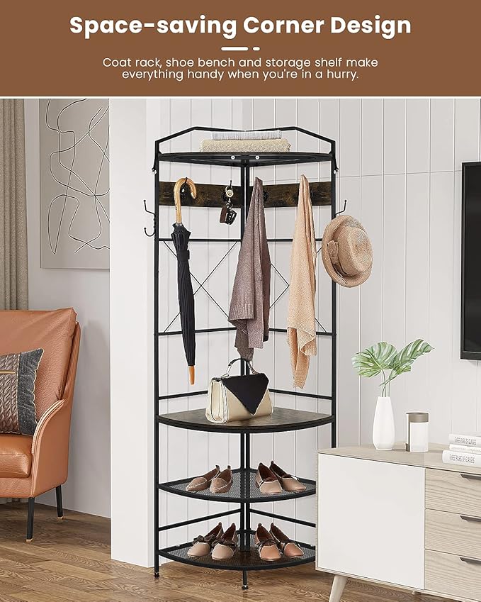 Recaceik Corner Coat Rack, Multifunctional Entryway Corner Shoe Rack with 8 Metal Double Hooks and Storage Shelf, Freestanding Corner Hall Tree Stand Storage for Living Room, Office, Rustic Brown
