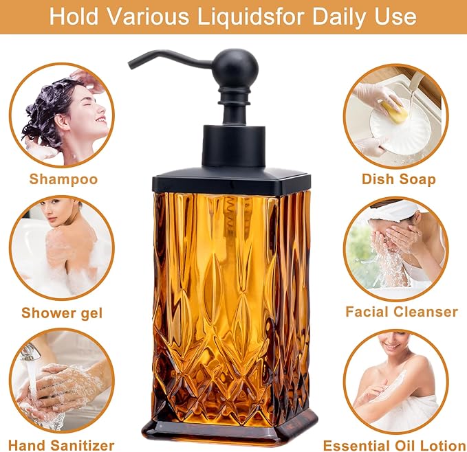 10Oz Amber Glass Soap Dispenser with Matte Black Pump,Lead-Free Thick-Cut Glass,Countertop Soap Dispensers for Bathroom & Kitchen,Square