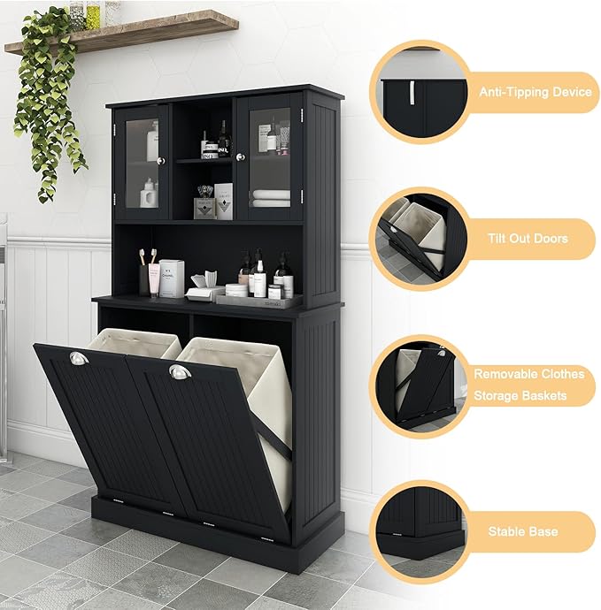 Tall Tilt Out Laundry Hamper Cabinet with 2 Removable Baskets, Laundry Room Cabinets and Storage Furniture with Hidden Laundry Hamper & Glass Doors for Bathroom, Laundry Room, Black