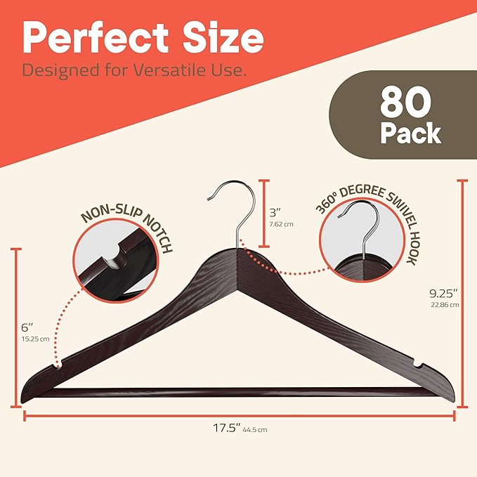 Cherry Wooden Hangers 80 Pack – Heavy-Duty with 360° Swivel Hook, Non-Slip, Pants Bar & Shoulder Grooves - Wooden Hangers for Suits, Jackets, Dresses & Camisoles, Space-Saving and Smooth Finish