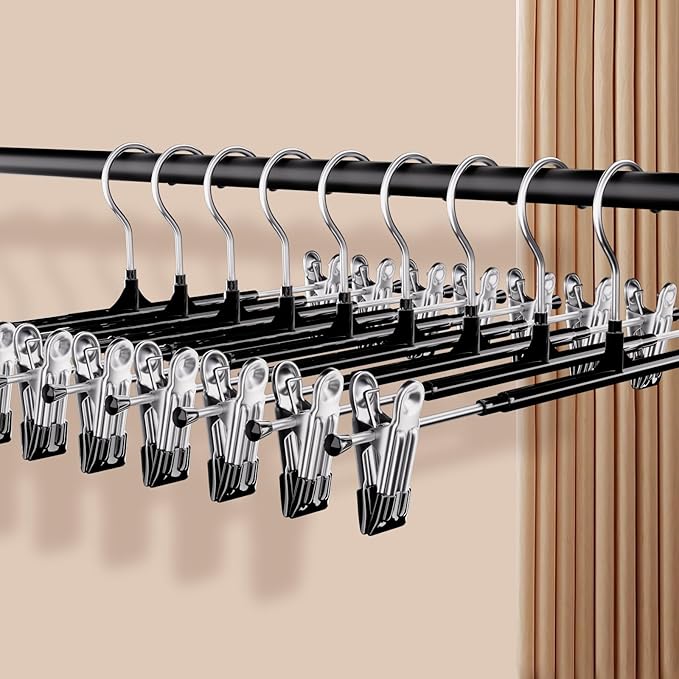 Pants Hangers with Clips 20 Pack Adjustable Non-Slip Heavy Duty Skirt Hangers, Space Saving Clothes Hangers for Jeans, Trousers, Shorts, Slacks, Dresses - 12 Inch, Black