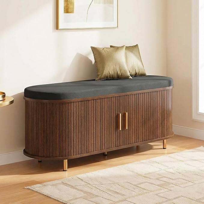Entryway Bench with Storage: 43.31" Wooden Bedroom Shoe Bench with Thickened Padded Seat Cushion, Mid Century Modern Fluted Sliding Door and Adjustable Shelf, for Entryway, Living Room