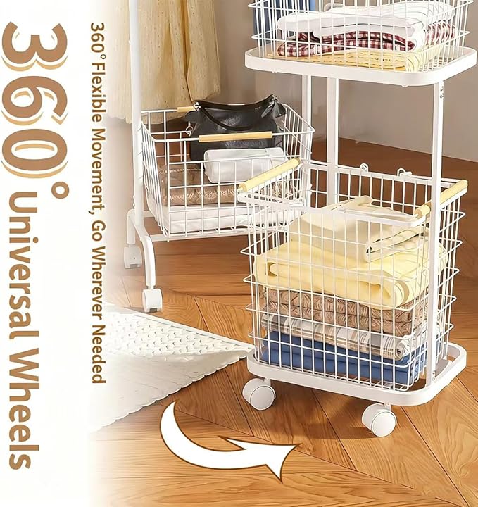 Large Laundry Baskets, Dirty Clothes Hamper with Wheels,Rolling Wire Laundry Basket Organize,2 Removable Wire Storage Metal Clothes Hamper Organizer for Laund Room, Bathroom, Bedroom, Dorm, White