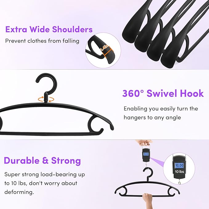 DEDU Plastic Clothes Hangers 20 Pack, Extra Thick Wide Shoulder Coat Hangers with 360° Swivel Hook Non Slip, Sweater Hangers Suit Hanger for Suits, Sweater, Dresses, Pants (Black)