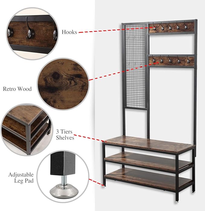 AJP Distributors Industrial Coat Stand Shoe Rack Bench + Grid Wall 3-in-1 Entryway Hall Tree 3-Tier Storage Shelves with 12 Hooks Hallway Hanger Organizer Metal Frame & Wood Look Accent Furniture