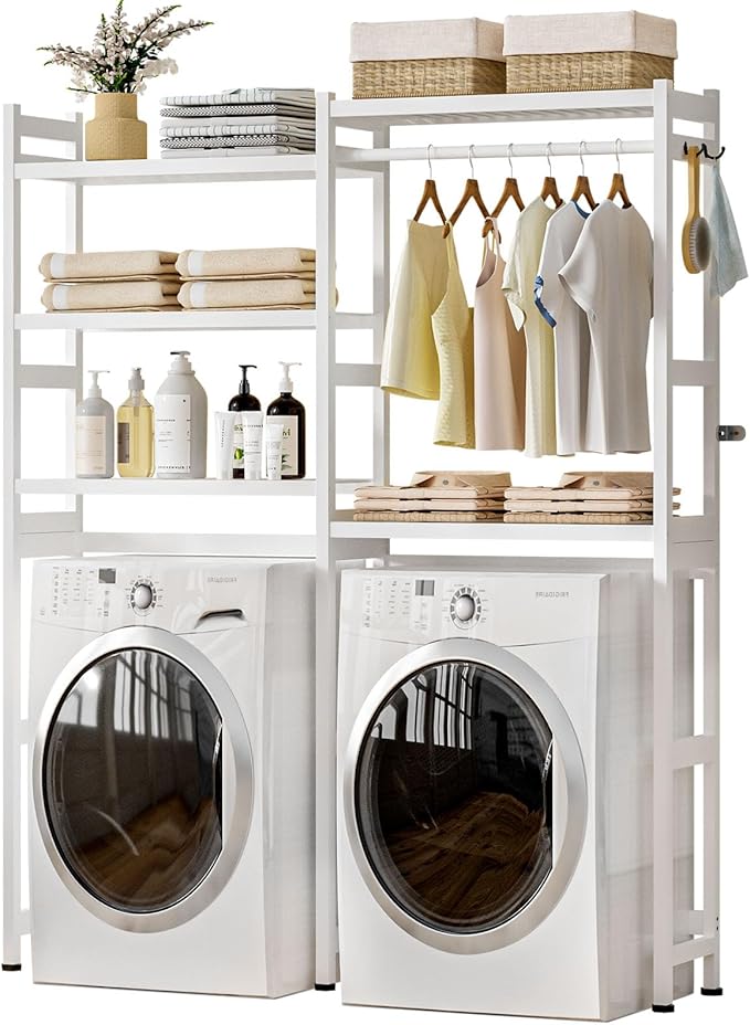 Over The Washer and Dryer Storage Shelf Bamboo,5 Tiers Laundry Room Drying Rack with Adjustable Shelves and 4 Hooks,Space Saver Organizer for Hanging Clothes and Towels (White)