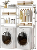 Over The Washer and Dryer Storage Shelf Bamboo,5 Tiers Laundry Room Drying Rack with Adjustable Shelves and 4 Hooks,Space Saver Organizer for Hanging Clothes and Towels (White)
