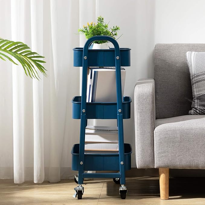 AGTEK 3 Tier Utility Rolling Cart with Lockable Wheels, Metal Multifunctional Storage, Organizer Cart for Kitchen, Office, Living Room, Makeup, Craft, Art Studio,Navy Blue