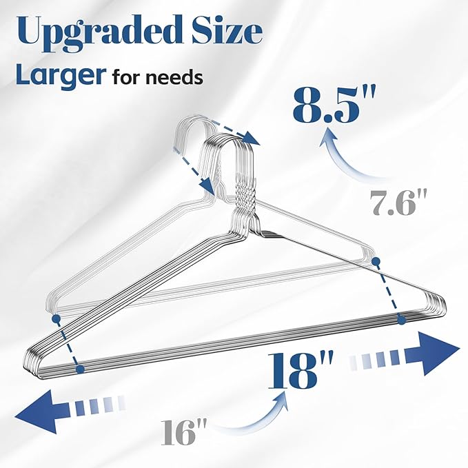 SPECILITE 18 Inch Wire Metal Clothes Hangers Bulk 100 Pack for Large Size Suits, Coats, Shirts, Pants, Skirts, Space Saving, Non Slip,12 Gauge Ultra Thin, Silver