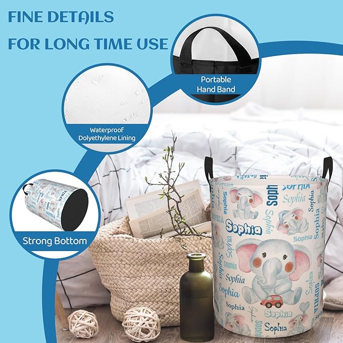Personalized Elephant laundry basket, Customizable cute Laundry Hampers, Custom name Laundry Hamper, Customized Elephant Hamper with name for Living Room Bedroom Bathroom Barbershop