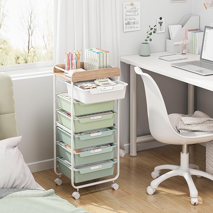 APEXCHASER 6-Drawer Plastic Organizers on Wheels,Rolling Storage Cart with Wooden Top, Mobile Drawer Unit for Classroom, Crafts, Art Supplies, and Home Organization,Green