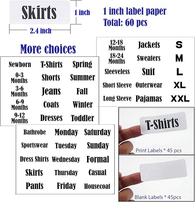 16 Pack White Clothing Rack Size Dividers Plus 45 Labels (1 Inch) and 18 Large Blank Labels, Large Rectangular Clothing Closet Dividers (Pink)
