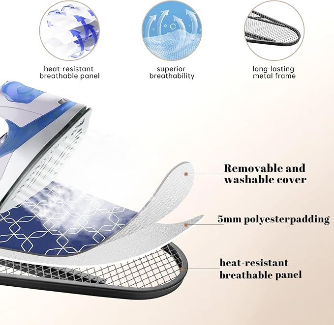 Classic Ironing Board, Compact and Space Saver,Size 43 x 13 Ironing Board, Extra Wide Ironing Area with Extra Thick Heavy Duty Padded, Stable Structure,Easy to Fold Blue Geometry
