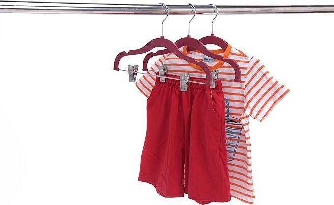 100 Quality Kids Plastic Non Velvet Non-Flocked Thin Compact Skirt Pant Coat Hangers with Metal Clips for Skirts Pants Blouses 360° Swivel Hook, Jacket, Shirt, Pants, Suit Hangers (Raspberry, 100)
