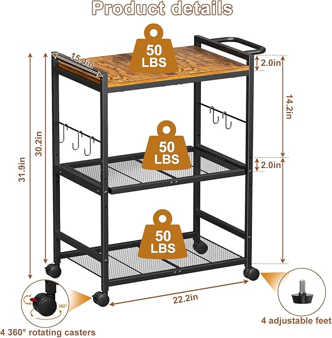 Kitchen Cart with Adjustable Shelves 3-Tier, Rolling Microwave Cart with Push Handle, Microwave Storage Stand with Drawer Slider Shelf, Utility Cart for Kitchen, Restaurant, Living Room, Office