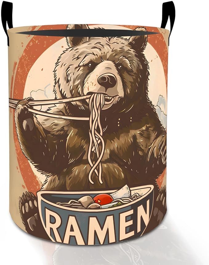 Funny Ramen Bear Laundry Basket Hamper for Boys Girls Kids Adults, Foldable Waterproof Oxford Clothes Storage Bin, Cute Retro Noodle Food Organizer for Bedroom Bathroom Room Decor 19.7"x15.8"