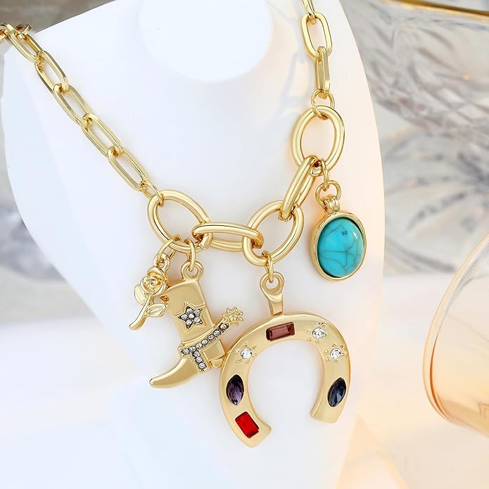 Chunky Gold Necklace for Women Gold Evil Eye Cowboy Pendant Necklace Dainty Paperclip Chain Vintage Luck Amulet Choker Necklaces Celestial Jewelry Gift