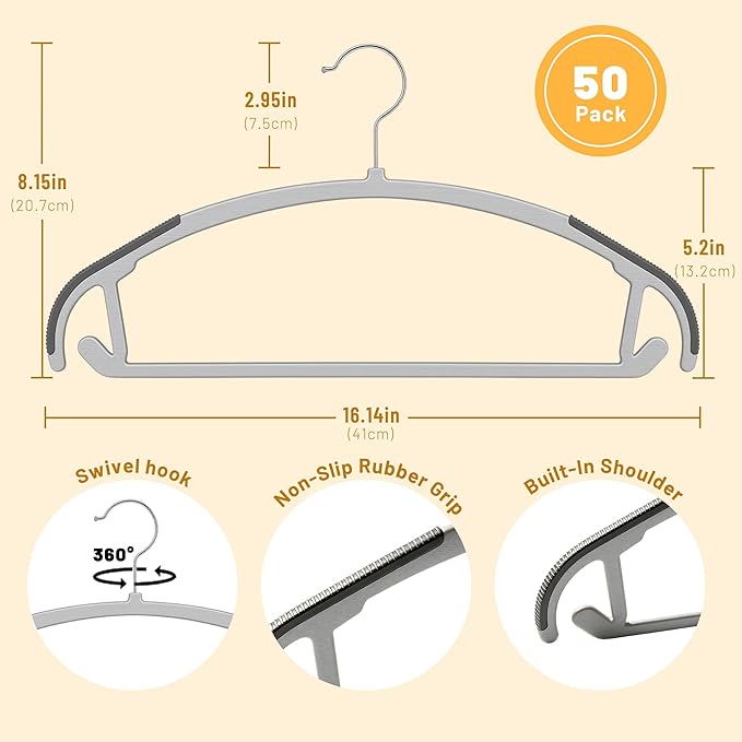 Arc Design No Shoulder Bump Plastic Hangers 50 Pack,Ultra Thin Non-Slip Hangers for Clothes,Heavy Duty Coats Hangers,360°Swivel Silver Hook,Space Saving Closet Organizer for Suit,Sweater,Jackets(grey)
