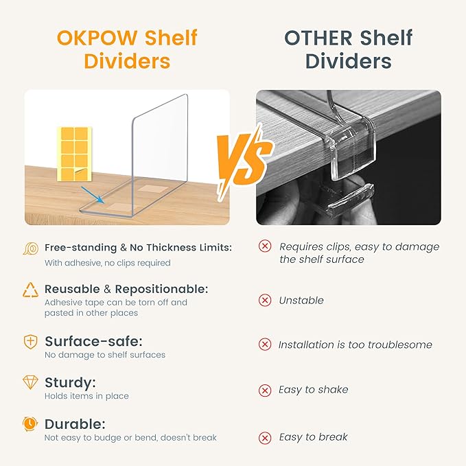 OKPOW Shelf Dividers for Closet Organization – Keep Sweaters & Purses Upright, Clear Acrylic Separators for Most Wood Shelves & Pantry, Damage-Free, Sturdy & Tall (10" x 12", 12 Pack)