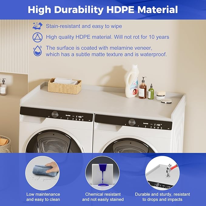 Babenest No-Installation HDPE Washer Dryer Countertop, Over Washer and Dryer Counter Topper Sturdy Cover for Laundry Room Storage and Organization(White)