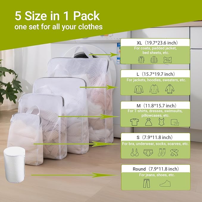 5-Size Mesh Laundry Bags with Handles for Delicates, Honeycomb Wash Bags for Bras/Sweaters/Bedding, Hidden Zipper Garment Protector