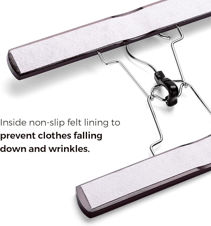 HOUSE DAY Wooden Pants Hangers 20Pack, Clamp Hangers with Felt Lining, Non-Slip Wooden Skirt Hanger with 360 Swivel Hook, Sturdy Jean Hanger