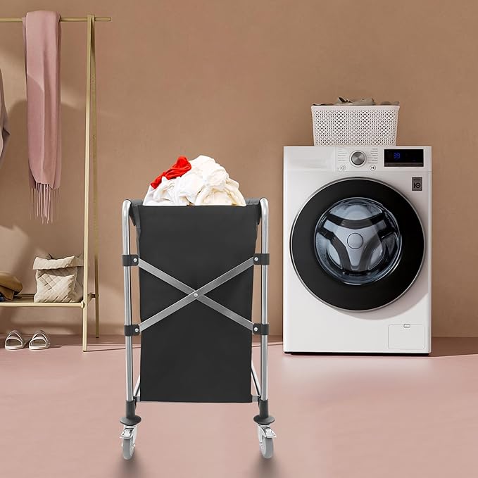 Commercial Laundry Cart with Wheels, 220lbs Capacity Heavy Duty Rolling Hamper, Foldable Laundry Cart with 4 Locking Wheels and Oxford Cloth for Home, Dorm, Hotel, and Commercial Use (Black)