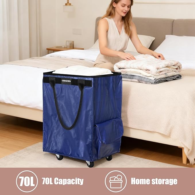 (Medium,Blue) Reusable Grocery Bag on Wheels, Foldable Rolling Tote Bag with 3 Handles and Zipper, Storage Organizer for Clothes & Groceries, Rolling Shopping Cart for Trips, 76lb