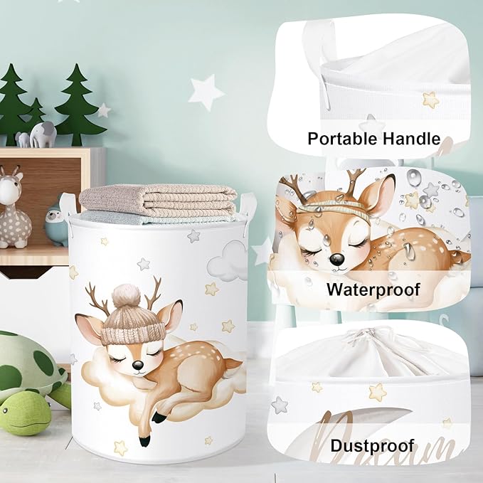 Sleeping Animals Baby Laundry Hamper Collapsible Clothes Kids Storage Basket Large Boys Girls Gift Toy Box Bin for Nursery, Deer, 63L
