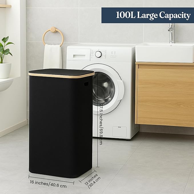 Fine Living 100L Large Laundry Hamper with Lid, Narrow Foldable Slim Laundry Basket with Bamboo Handles, Skinny Tall Dirty Clothes Hamper for Dorm, Bathroom & Bedroom, Black