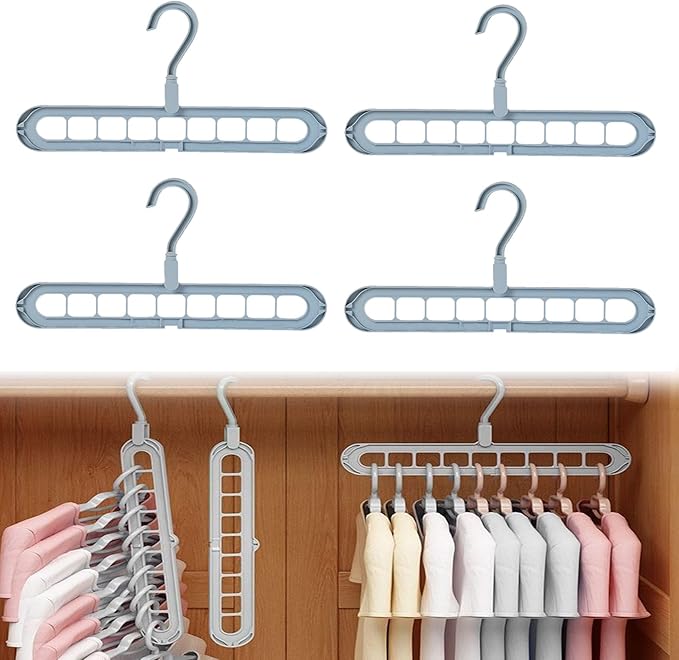 9 in 1 Smart Hanger, Upgrade Space Saving Hanger, 9 Holes Rotate Anti-Skid Folding Hangers with Multifunction Space Saving, for Heavy Clothes, Multiple Shirt, Shirts Pants (4pcs-Blue)