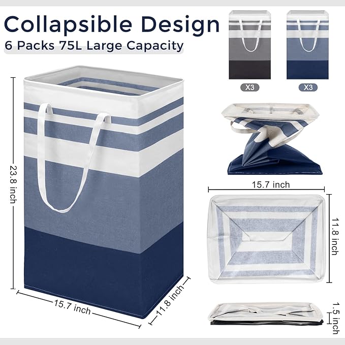 Foaincore 6 Pieces 75 L Laundry Hamper Basket Organizer Large Laundry Bag Bulk Waterproof Collapsible Clothe Storage with Handles for Dorm Room Bedroom Towels (Dark Blue,Black Gray)