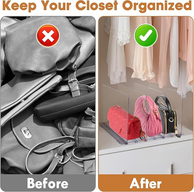 Purse Organizer for Closet, Clear Acrylic Clutch Bag Organizer, Adjustable Shelf Divider for Closet Organizers and Storage, Detachable Handbag Separators Dividers Rack for Bedroom Bathroom Office