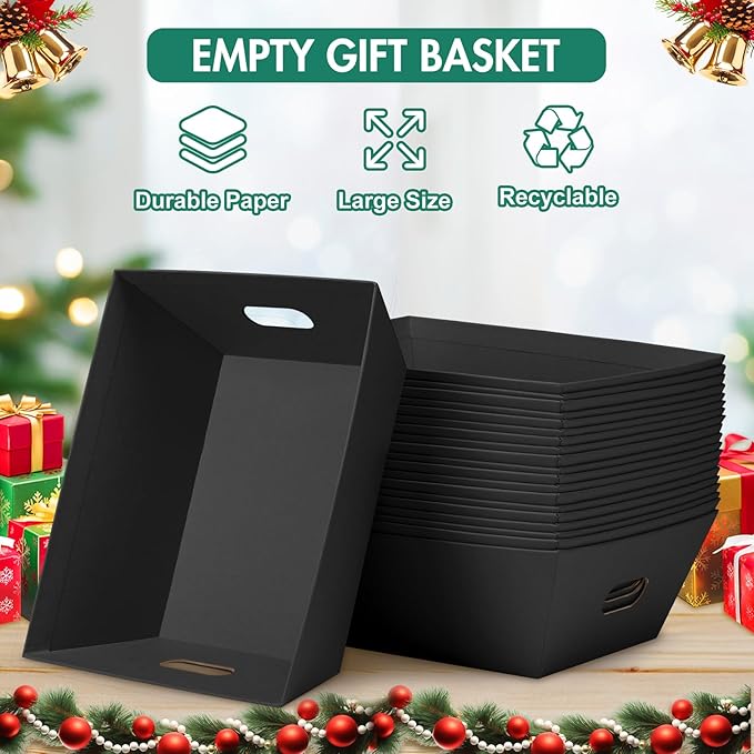 10PACK Black Baskets For Gifts Empty, 10x12”Thick Kraft Gift Basket with 10 Bows 10 Bags Empty Gift Baskets for Christmas, Easter, Birthdays, Snacks, Farmers Market