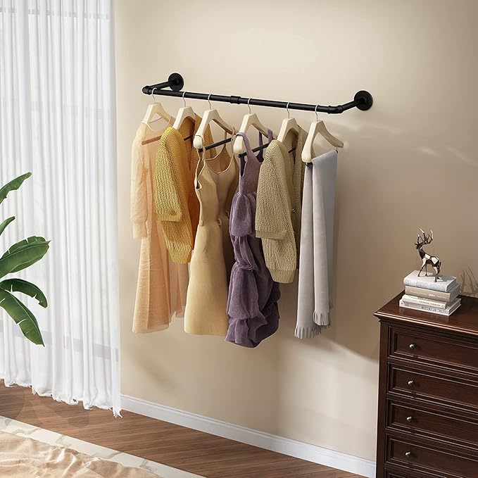 Wall Mounted Clothes Rack 38.4in, Industrial Pipe Wall Mount Clothing Rack, Heavy Duty Iron Garment Racks, Space Saver Multi-purpose Hanging Rod for Laundry Room, Closet Storage, 1 Pack