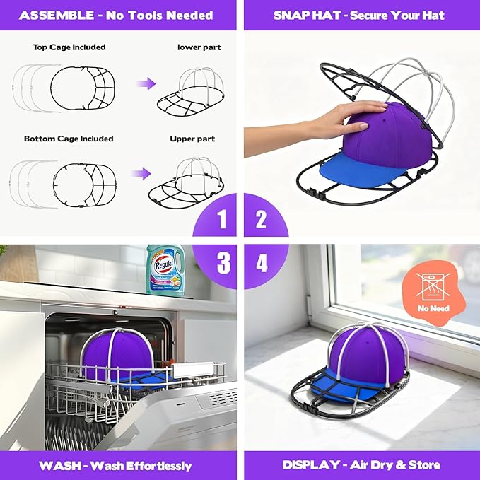 Hat Washer Cage for Washing Machine - Baseball Cap Cleaner Rack, Ball Cap Washing, Dishwasher Safe, Perfect for Cleaning and Protecting Hats in Dishwasher (White/Black 2 Pack (Assembly))