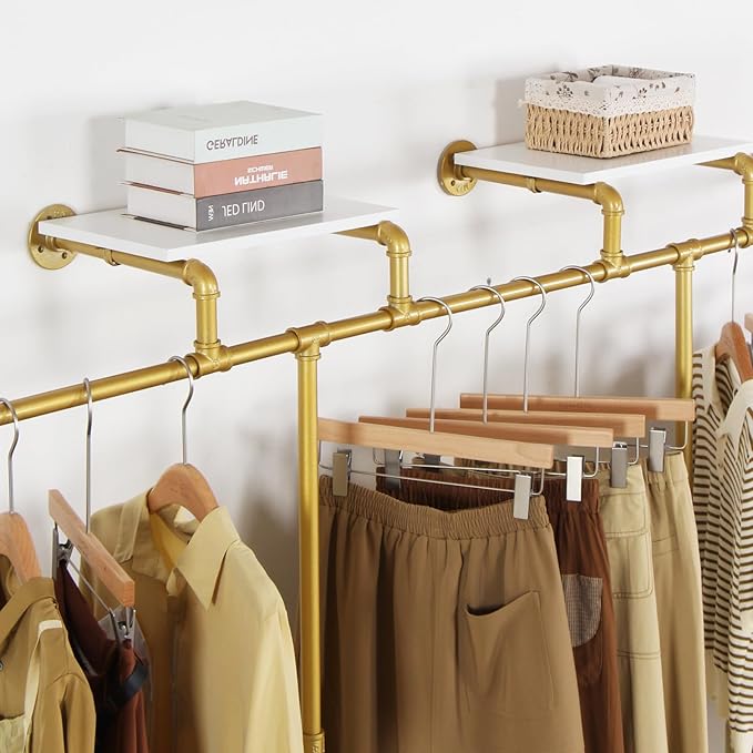 Gold pipe clothing rack for Hanging Clothes rack,Wall Mounted Clothes Rack With 2 Shelves,Heavy Duty Gold Industrial Pipe Clothing,Retail Display Closet Storage Clothes Organizer